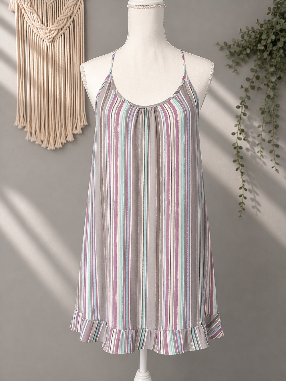 Striped Ruffle-Hem Spaghetti Strap Dress